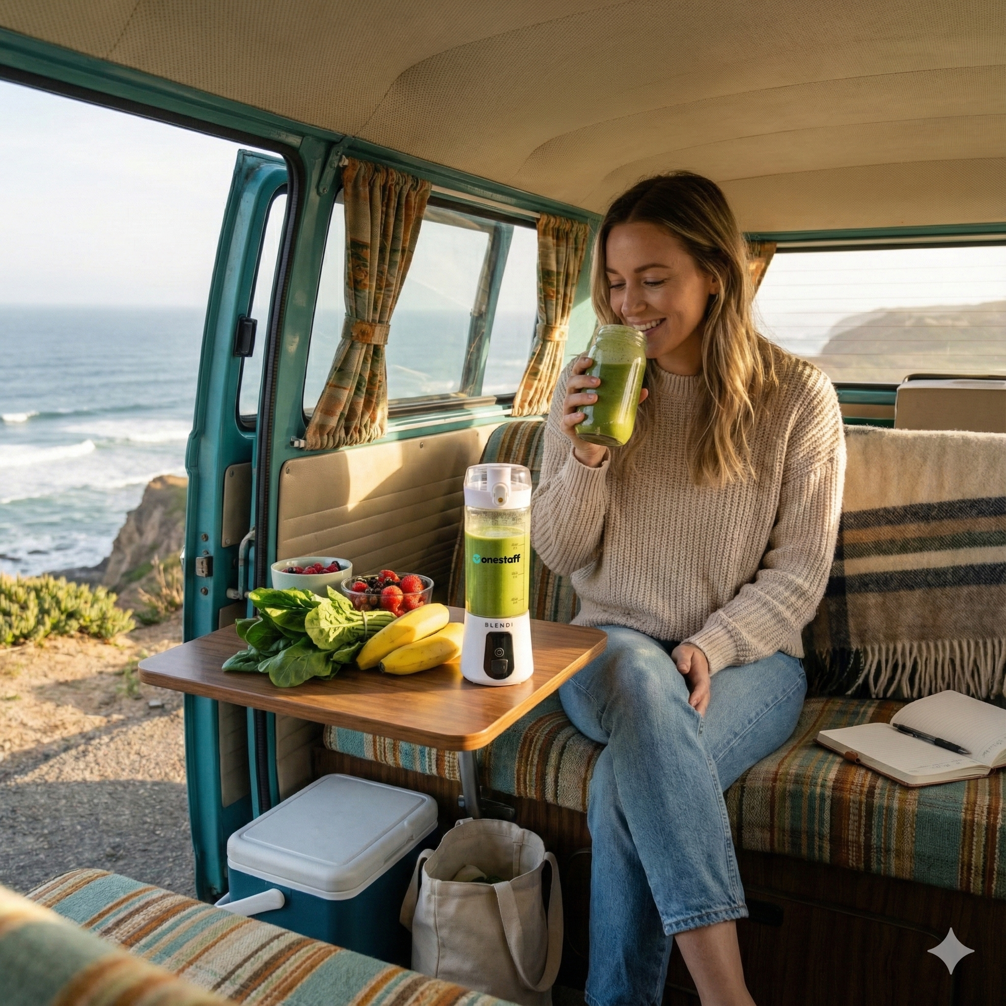 OneStaff-branded BLENDi portable blender van-side at the coast — wanderlust translated into a real travel-nurse product