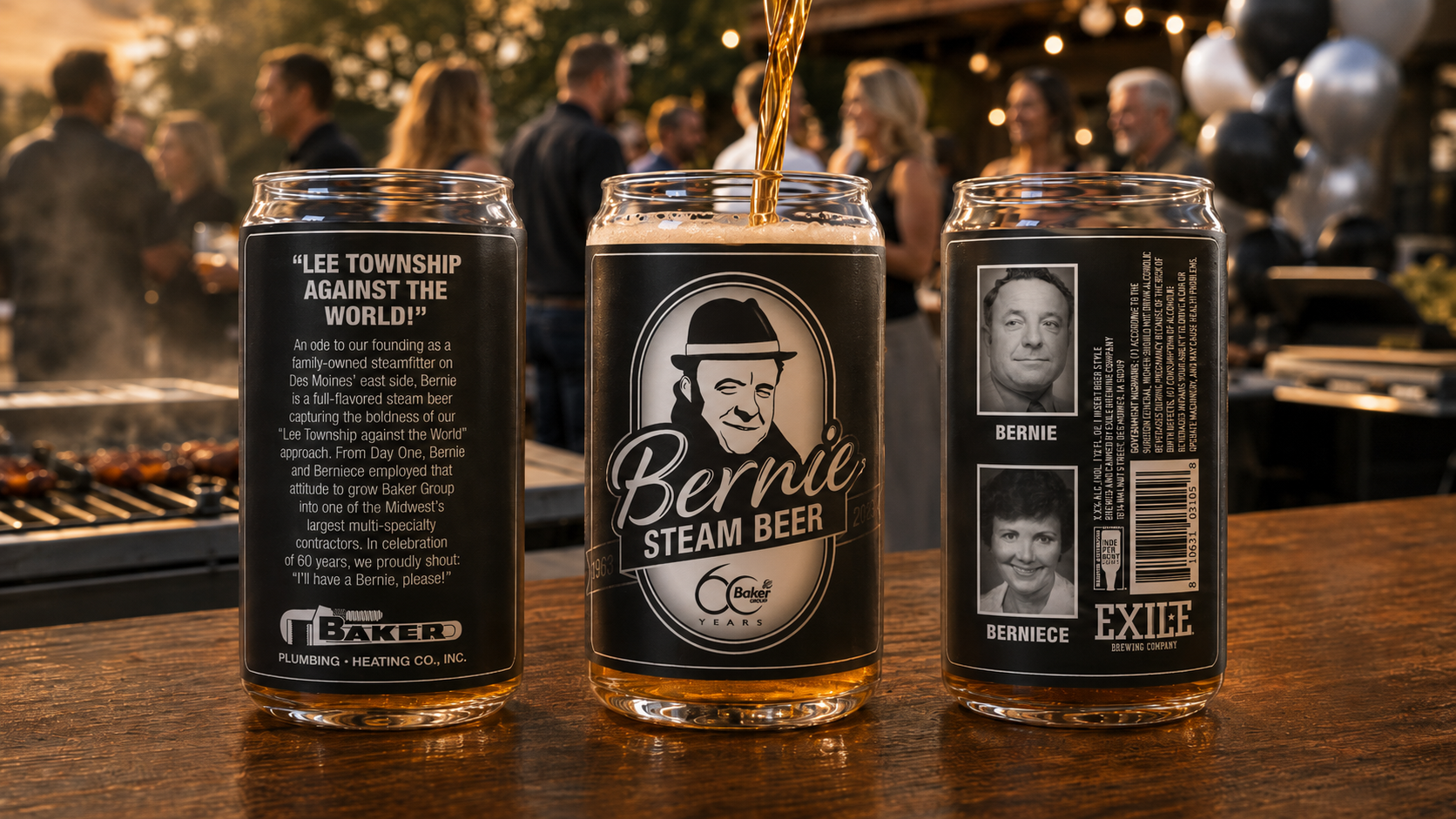 Bernie Steam Beer glassware showing Bernie and Berniece's portraits and the Exile Brewing partner mark