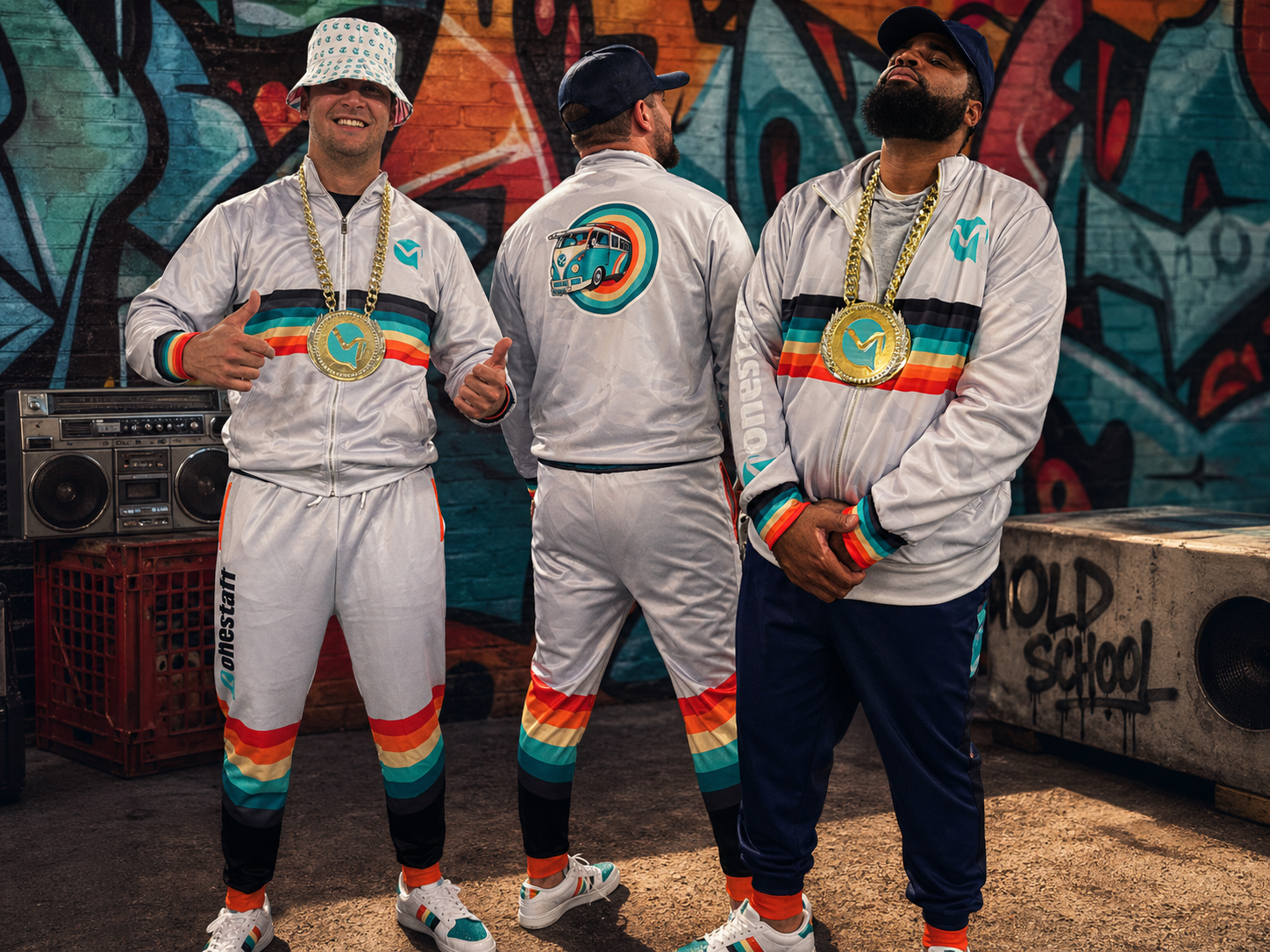 OneStaff team in full retro hip hop kit — track jackets, champ chains, bucket caps, and custom sneaks