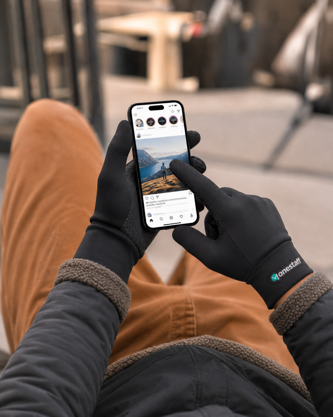 OneStaff branded touchscreen gloves scrolling Instagram