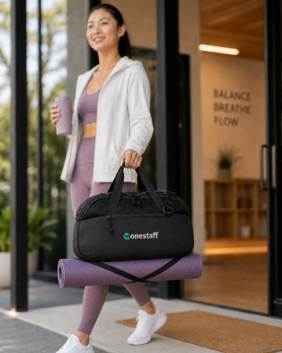 Travel nurse leaving a wellness studio with a OneStaff-branded duffel and yoga mat
