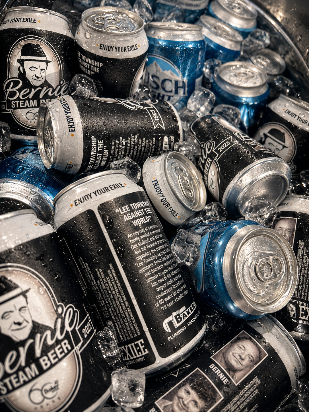 Cooler of Bernie Steam Beer cans on ice at a Baker Group event