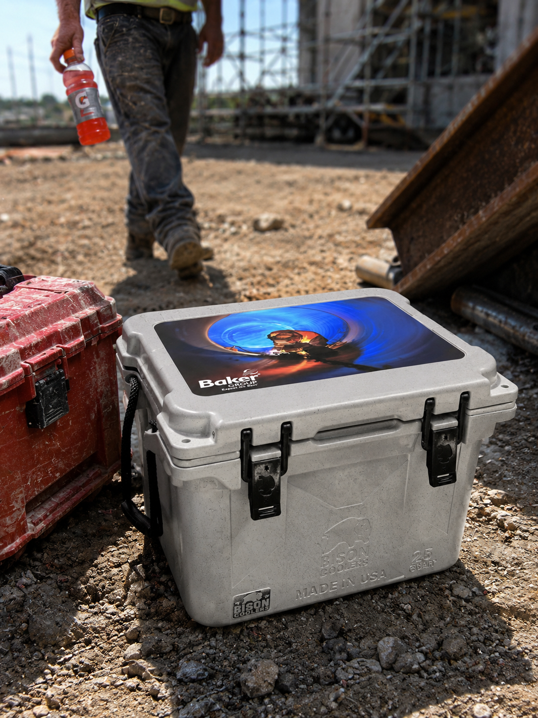 Custom Baker Group hard cooler on a jobsite with a crew member walking by