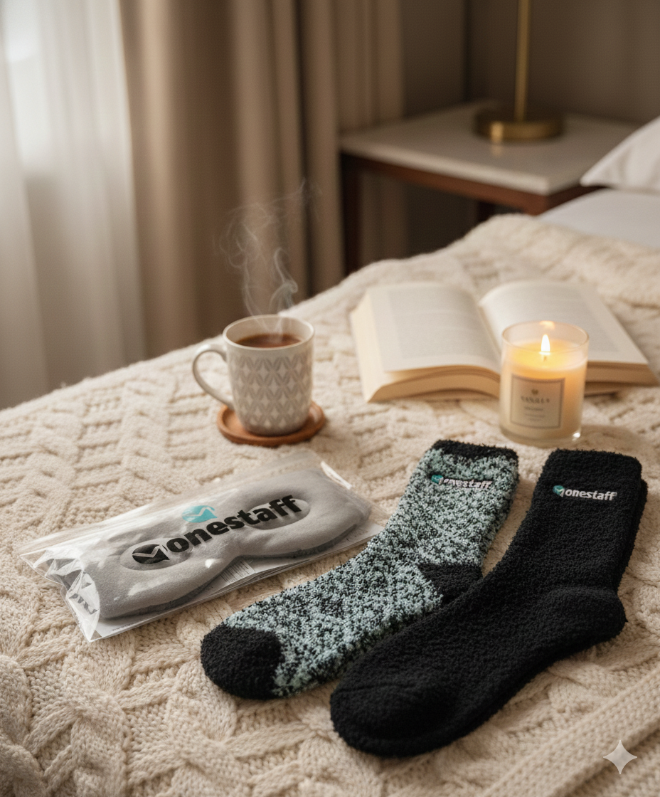 OneStaff Cozy Time holiday kit — branded eye mask, fuzzy socks, candle, and warm mug styled on a knit blanket