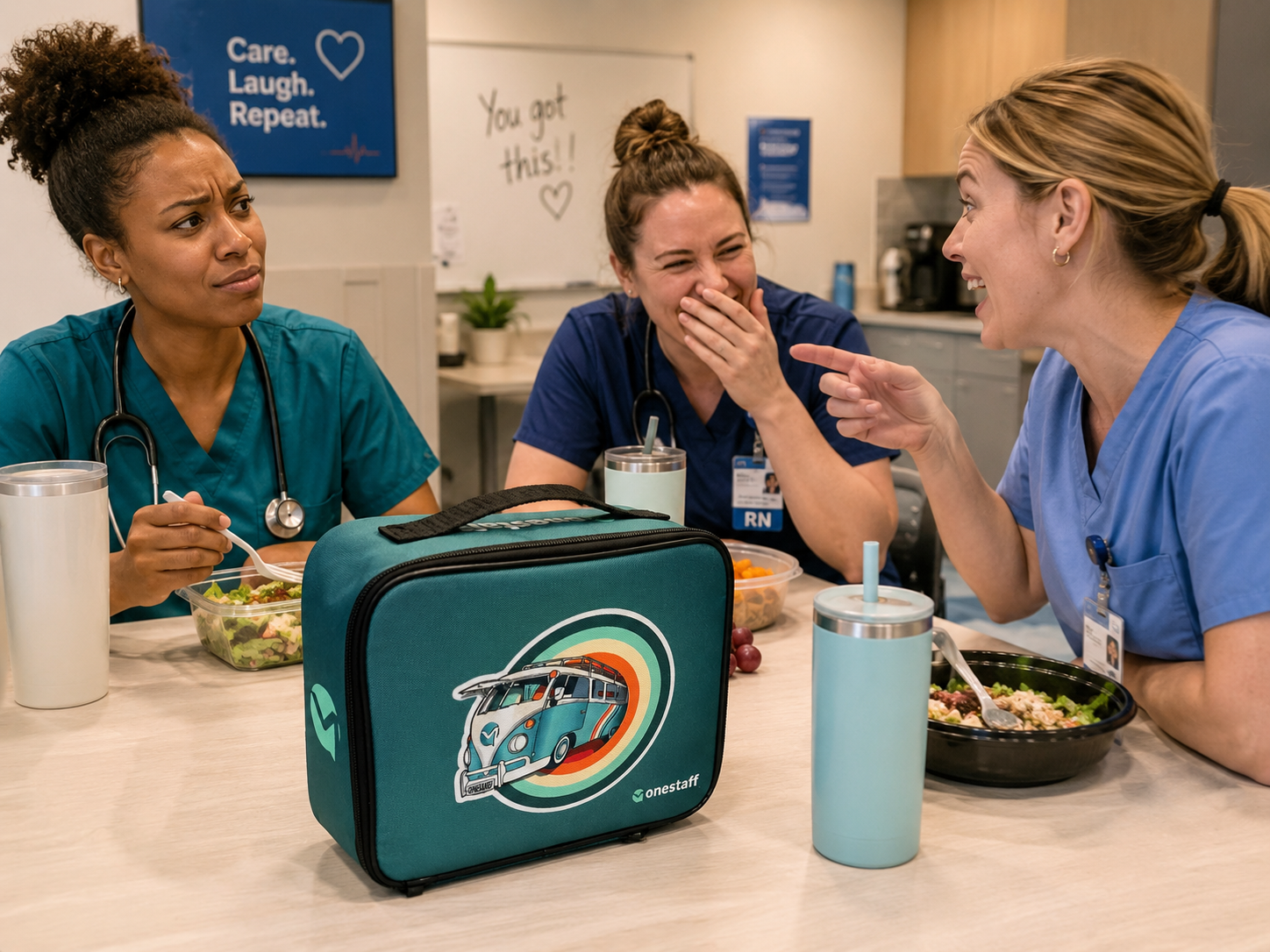 Nurses in break room laughing around an OneStaff van-graphic lunch cooler