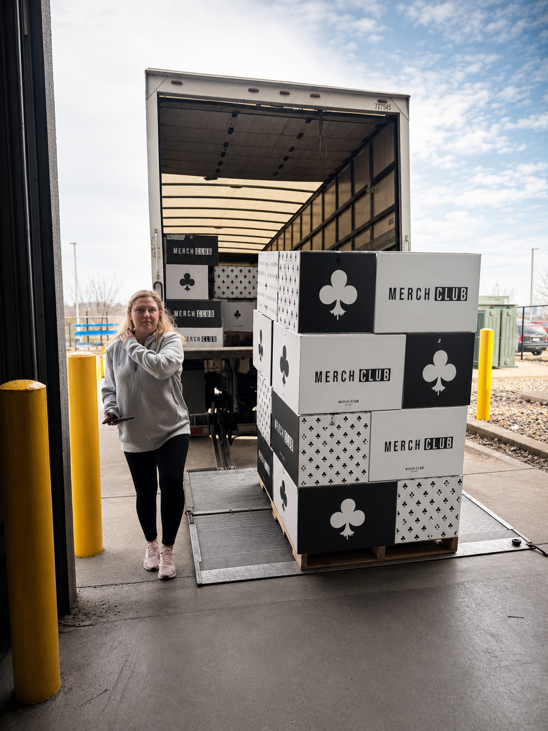 Merch Club pallet of Baker Group cartons being delivered off a truck