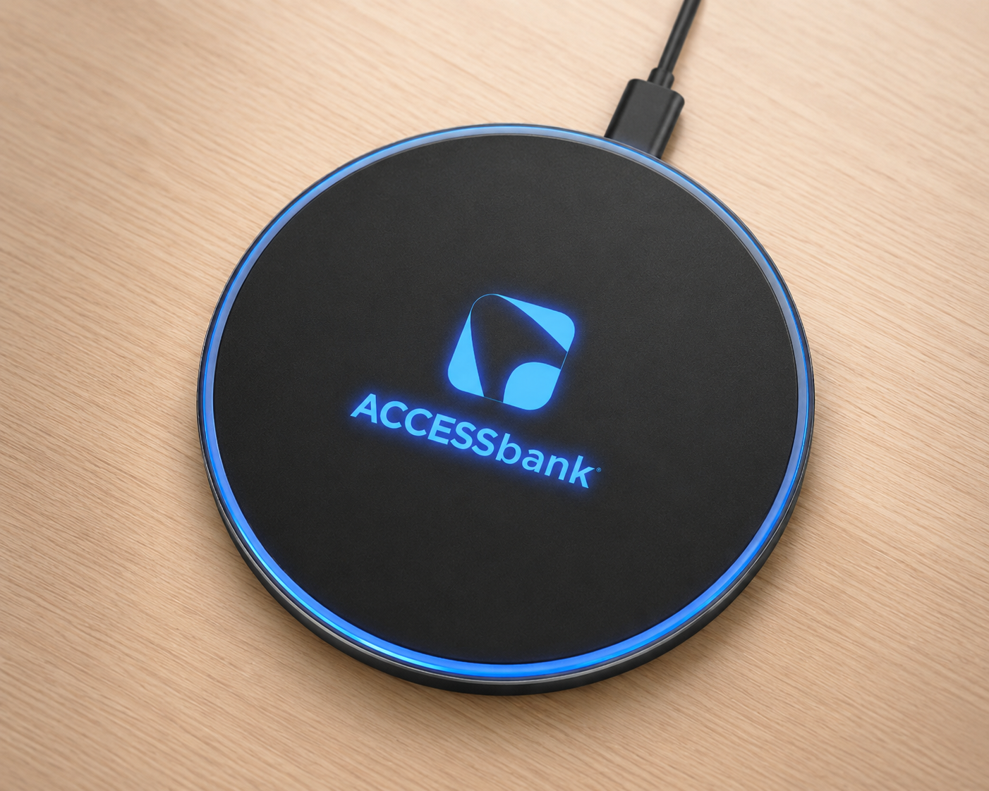 Custom desk chargers that glow ACCESSbank blue