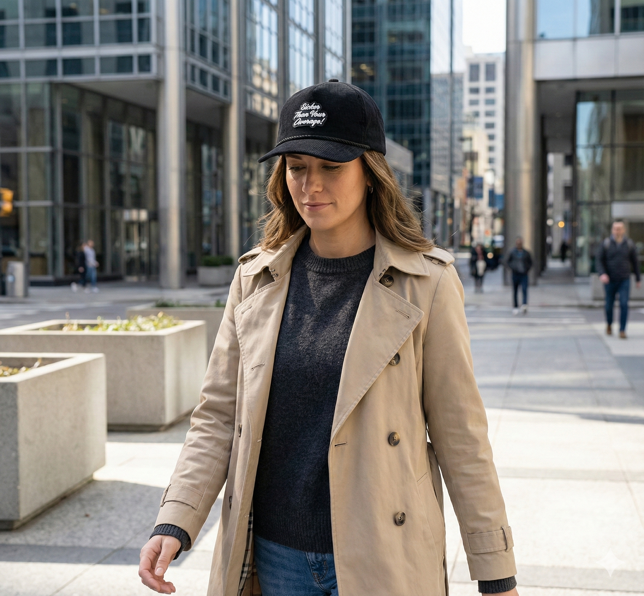 OneStaff branded corduroy cap worn on a downtown city walk