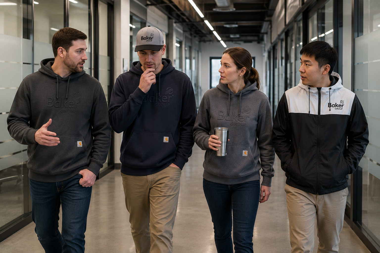 Baker Group employees in branded hoodies walking the office hallway
