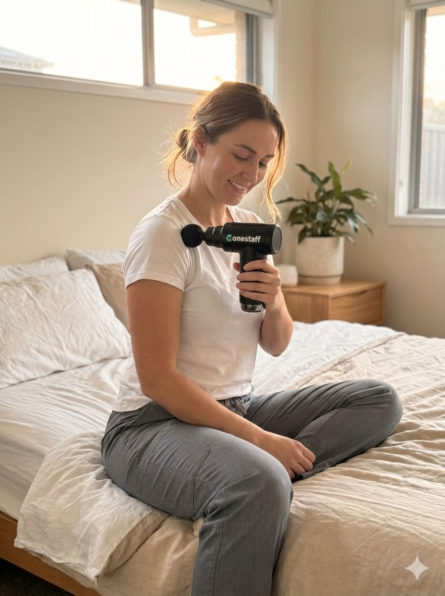 Nurse using OneStaff-branded massage gun on her shoulder at home